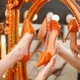 hulianfu New Woman Pink Pumps Luxury Designer Metal Pointed Stiletto Shallow Mouth Single Shoes High Heels Women Green Party Shoes