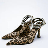 hulianfu New Ladies Pumps Shallow Leopard Thin High Heel Ankle Strap Pointed Toe Women Sandals Rhinestones Sexy Summer Female Shoes