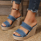 Fashion Denim Blue Wedges Sandals Women Summer  Chunky Platform Heeled Sandals Woman Plus Size 42 Thick Soled Beach Shoes