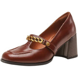 Small High-heeled Single Shoes Thick Heel Retro Thong Shoes Spring and Autumn New Chain Shallow Mouth Square Toe Shoes