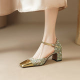 Footwear with Medium Heels Summer  Silver Sandals for Woman Party Weddings Women's Shoes Closed Square H Chic and Elegant F
