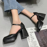 hulianfu Ankle Strap Platform Pumps Women Pu Leather Square Toe Mary Jane Shoes Woman Goth Thick High Heels Shoes Ladies