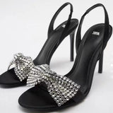 hulianfu Summer New Women's Shoes Bright Bow High Heel Sandals Stiletto Rhinestones Sexy Slingback Casual Style Ladies High Heels