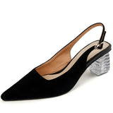 hulianfu French Style Pointed Toe Med Heel Shoes Elegant Woman Sheepsuede Leather Pumps Slingbacks Pumps Vintage Dress Heel