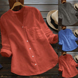 New Button Women's Blouses Pockets Cotton Linen Casual Women's Shirts Summer Top Long Sleeve Shirt Blouse Solid Color Tops
