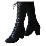 Black boots women Shoes  knee high Women Casual Vintage Retro Mid-Calf Boots Lace Up Thick Heels Shoes