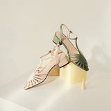 hulianfu Summer Sandals Narrow Band Women Sandals Square Heels Pointed Toe T Strap Sandals Ladies Elegant Green Beige Shoes Large Size 43