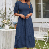 New Summer Women Fashion Puff Sleeve O-Neck Long Dress Casual Solid Printed Button Dress Female Slim Big Hem Office Dresses