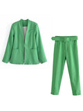 hulianfu  Women Fashion Two Pieces Sets Office Wear Blazers Coat And With Belt High Waist Pants Female