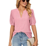 New Solid Blouses For Women Fashion Hollow Out V Neck Short Sleeve Elegant Office Work Ladies Shirt Tops Casual Blouse