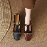 hulianfu Retro Women High-Heeled Shoes Metal Decoration Color-Blocking T-Button Open Instep Thick Heel Ladies Pumps Elegant Females Shoes