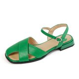 hulianfu Women Sandals SmallHut Summer Genuine Leather Low Heeled Ladies Beige Geen Ankle Strap Side Buckle Closed Toe Fisherman Shoes