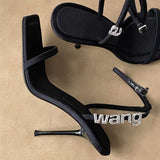 hulianfu New Square Toe Women Sandals Crystal Letters Decor Women Pumps Sexy High Heels Silk Wedding Dress Shoes Gladiator Sandal