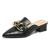 hulianfu Women Mules Shoes Pointed Toe Chunky Mid Heels Metal Decoration Ladies Concise Fashion Casual Shoes Summer Black 42