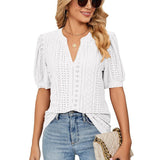 New Solid Blouses For Women Fashion Hollow Out V Neck Short Sleeve Elegant Office Work Ladies Shirt Tops Casual Blouse