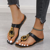 hulianfu Womens Sandals Metal Design Fashion Flip Flop Sandal Flat Heel Roman Vintage Summer Hot Sale Shoes Fashion Casual Sandals Brand
