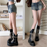 Korean Style Chunky Platform Ankle Boots Women  Autumn Lace Up Heeled Motorcycle Boots Woman Shoes Pu Leather Black Botas