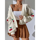hulianfu Spring  Autumn Jacquard Sweater 2023 New Outerwear Loose Casual Knitted Cardigan Cherry Pattern Cute Short Knitted Jacket