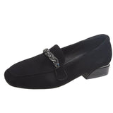 hulianfu Autumn Winter Women Loafers Low Heels Boat Shoes Square Toe Dress Shoes Chain Faux Suede Plush Warm Ladies Shoes Plus Size