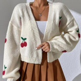 hulianfu Spring  Autumn Jacquard Sweater 2023 New Outerwear Loose Casual Knitted Cardigan Cherry Pattern Cute Short Knitted Jacket