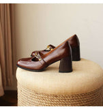 Small High-heeled Single Shoes Thick Heel Retro Thong Shoes Spring and Autumn New Chain Shallow Mouth Square Toe Shoes