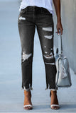 hulianfu Spring/Summer Washed Old Tassel Jeans Women's Mid-waist Solid Color Slim Fit Slim High Elastic Pencil Pants Women  Jeans