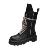 Korean Style Chunky Platform Ankle Boots Women  Autumn Lace Up Heeled Motorcycle Boots Woman Shoes Pu Leather Black Botas