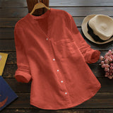 New Button Women's Blouses Pockets Cotton Linen Casual Women's Shirts Summer Top Long Sleeve Shirt Blouse Solid Color Tops