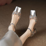Footwear with Medium Heels Summer  Silver Sandals for Woman Party Weddings Women's Shoes Closed Square H Chic and Elegant F