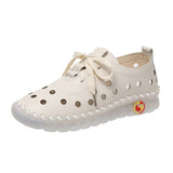 hulianfu Plus Size Casual Sneaker for Women  Summer Hollow Breathable Women Flats Sandals Luxury Soft Leather Non Slip Ladies Shoes