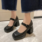 hulianfu Ankle Strap Platform Pumps Women Pu Leather Square Toe Mary Jane Shoes Woman Goth Thick High Heels Shoes Ladies