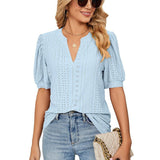 New Solid Blouses For Women Fashion Hollow Out V Neck Short Sleeve Elegant Office Work Ladies Shirt Tops Casual Blouse