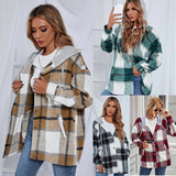 hulianfu Vintage Plaid Jacket Womens Wool Blend Coats Hoodies Streetwear Flannel Hooded Woolen Za Woman Overshirt Oversized Shirts