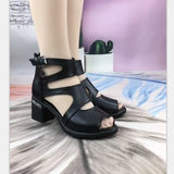 hulianfu  Women Sandals Soft Leather PU High Squre Heel Sandals Black Thick Platform Shoes Female Open Toe Party wedding Shoes