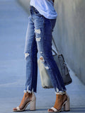 hulianfu Spring/Summer Washed Old Tassel Jeans Women's Mid-waist Solid Color Slim Fit Slim High Elastic Pencil Pants Women  Jeans