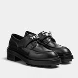 Spinrg Autumn Black Leather Women Loafers Lace Up Flat Shoes Women Silver Buckle Round Toe Women Flats Casual Shoes Woman