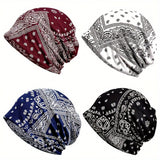 4pcs/set Classic Vintage Paisley Print Unisex Slouchy Beanie - Skullies & Beanies with Elastic Warm Lightweight Design, Perfect for Women & Men - Hip Hop Baggy Hat for Casual Wear