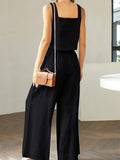 Summer Womens Fresh Fashion Square Neck Sleeveless Tank Top & Wide Leg Long Pants Set - Comfortable, Breathable, Relaxed Fit, European and American Style, Leisure Wear, Suspended Design, Two-Piece Outfit