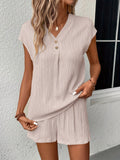 Solid Textured Two-piece Set, Button Front V Neck Short Sleeve Top & Wide Leg Shorts Outfits, Women's Clothing