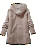 1pc Women'S Plus Size Christmas Printed Casual Style Hooded Parka Jacket with Zipper, Medium Stretch Knit Fabric, Fall/Winter Warm Fleece-Lined Coat with Pockets