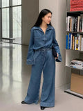 Women Denim 2 Pieces Set Long Sleeve Pullover Jacket High Waist Wide Leg Jeans Suit Spring Casual Loose Lady Outfit Sets 240329