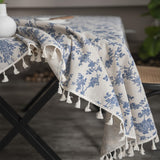 1pc Retro-Style Blue Rose Rectangular Tablecloth with Beige Fringe, Perfect for Kitchen Dining, Picnic, Buffet, Holiday Dinner, Party, Banquet, Restaurant, and Wedding Western Food Tables