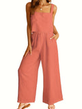 Summer Womens Fresh Fashion Square Neck Sleeveless Tank Top & Wide Leg Long Pants Set - Comfortable, Breathable, Relaxed Fit, European and American Style, Leisure Wear, Suspended Design, Two-Piece Outfit