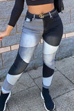 hulianfu - Khaki Casual Color Block Patchwork Mid Waist Skinny Denim Jeans