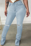 hulianfu - Black Casual Solid Ripped Slit High Waist Regular Denim Jeans