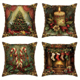4-Pack Christmas Velvet Throw Pillow Covers 18x18, Festive Holiday Designs with Trees, Stockings & Candy Canes, Contemporary Zippered Pillowcases, Machine Washable, Decorative Woven Polyester for Living Room Sofa & Bedroom
