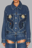 hulianfu - Blue Casual Color Lump Solid Hollowed Out Buttons Metal Accessories Decoration Turndown Collar Long Sleeve Regular Denim Jacket