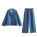 Women Denim 2 Pieces Set Long Sleeve Pullover Jacket High Waist Wide Leg Jeans Suit Spring Casual Loose Lady Outfit Sets 240329