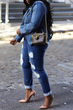 hulianfu - Light Blue Casual Solid Patchwork Turndown Collar Long Sleeve Regular Denim Jacket
