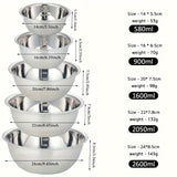 5pcs Stainless Steel Mixing Bowl Set With Measurements - Mirror Finish, Dishwasher Safe, Deep Sides For Salads & Kitchen Use